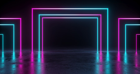 Empty Room With Colored Rectangle Neon Tubes With Reflection On Concrete Floor. 3D Rendering