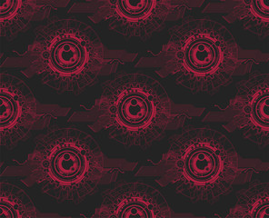 Seamless texture with graphic circuit. Technological design. Science style. Repeating background. Tile pattern. Red elements on a black background. .
