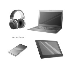 Laptop, smartphone, tablet, and headphones isolated on a white background. Realistic vector elements. Modern design.