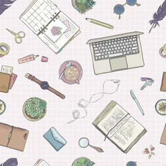 Work notes, background studying, creative lifestyle, planning. Seamless pattern. Hand drawn illustration pastel colors
