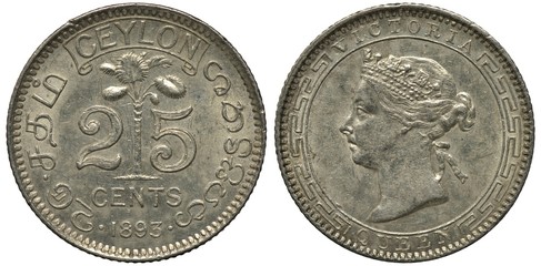 British Ceylon silver coin 25 twenty five cents 1893, palm tree flanked by digits of face value, date below, Queen Victoria head within circular ornamental pattern, 