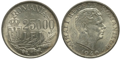 Romania Romanian silver coin 25000 twenty five lei 1946, face value in center, crowned shield with...