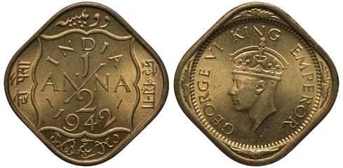 British India coin 1/2 half anna 1942, face value and date in center, denomination in five languages, head of King George VI left, colonial time,