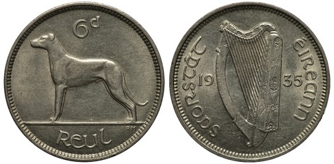 Ireland Irish coin 6 six pence 1935, Irish wolfhound left, Irish harp divides country name and...