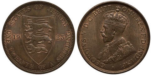 Jersey coin 1/12 one twelfth of a shilling 1923, shield with three lions divide date, bust of King George V in ceremonial vestments left,
