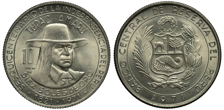 Peru Peruvian coin 10 ten soles 1971, 150th anniversary of independence, Tupac Amaru II with long hair in hat, arms, shield with llama, tree and horn of plenty flanked by branches,