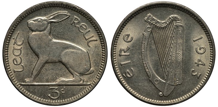 Ireland Irish coin 3 three pence 1943, WWII issue, hare left, Irish harp divides country name and date, 