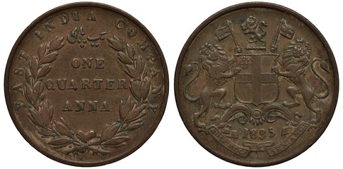 British East India Company coin 1/4 quarter anna 1835, face value in Arabic and English flanked by...