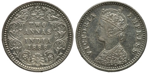 British India silver coin 2 two annas 1888, face value and date within floral ornament, bust of...