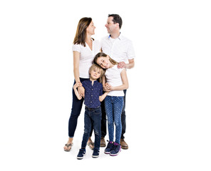 Happy family with two kids on studio white background