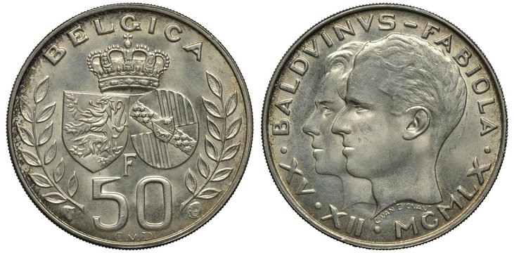 Belgium Belgian silver coin 50 fifty francs 1960, two shields flanked by laurel branches, crown above, conjoined heads of King Baldwin and Queen Fabiola, date in Roman lettering below,
