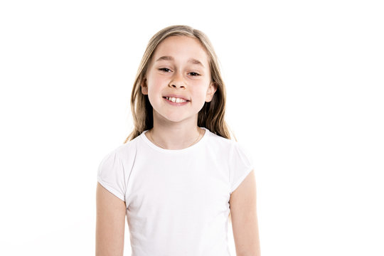 Girl, 8 years old, white background hi-res stock photography and