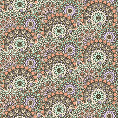 modern bright color floral mandala pattern, vector seamless in apricot green violet, endless texture for printing onto fabric, web page background, paper, invitation