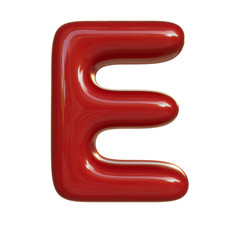 Glossy red paint letter E. 3D render of bubble font isolated on white background