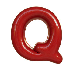 Glossy red paint letter Q. 3D render of bubble font isolated on white background