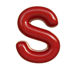 Glossy red paint letter S. 3D render of bubble font isolated on white background