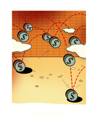 Fluctuation of the dollar. A coin with a dollar sign bounces off the table and falls down.