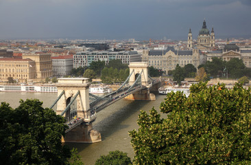 Chain Bridge over Danube river in Budapest, Hungary