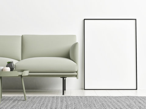 Mock up poster with pastel green sofa, 3d render, 3d illustration