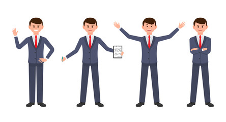 Happy businessman in dark blue suit cartoon character. Vector illustration of successful office man