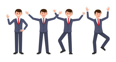 Very happy businessman in dark blue suit cartoon character. Vector illustration of smart male clerk in different poses
