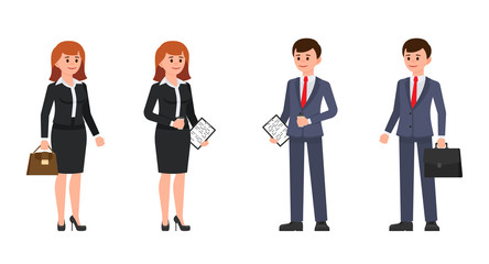 Businessman and businesswoman standing with briefcase and coffee. Vector illustration of office cartoon characters