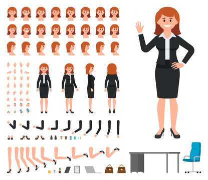 Businesswoman in black suit character creation set. Vector cartoon style girl office manager constructor