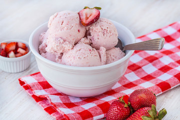 Bowl Filled With Home Made Strawberry Ice Cream With Spoon
