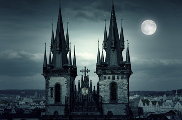 Amazing Night in Prague Moon over Tyn Church and the City 
