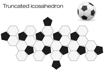 Unfolded soccer ball surface. Geometric polyhedron called truncated icosahedron, an Archimedean solid with twelve black pentagonal and twenty white hexagonal faces.