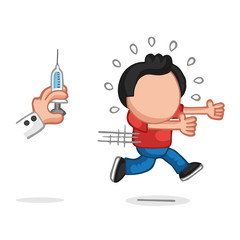 Vector hand-drawn cartoon of man afraid and running from doctor's syringe
