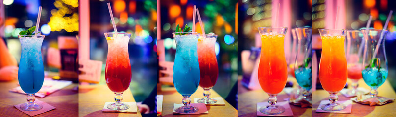 Cocktail on table, New Year, Christmas light decoration. Collage of set photos.