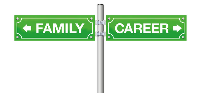 FAMILY or CAREER, written on street signs - go for being mother or father or go for business, job, success - isolated vector illustration on white background.