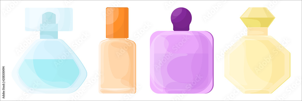Poster set of different bottles of perfume. vector