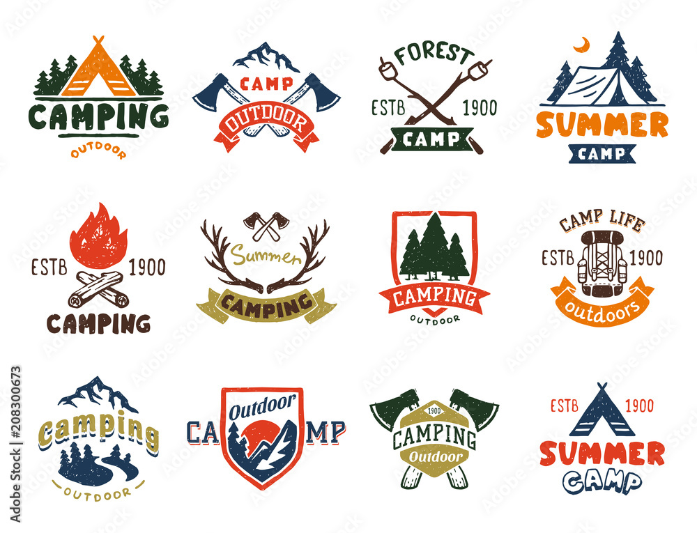 Wall mural set of vintage woods camp badges and travel logo hand drawn emblems nature mountain camp outdoor vec