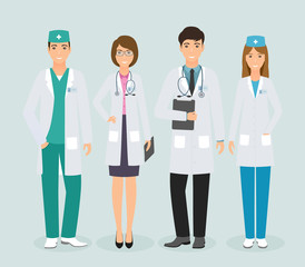 Group of four medical people standing together in uniform. Doctors and nurses in different poses on white background.