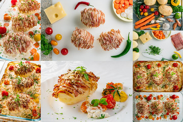 Fototapeta na wymiar Potato filled with bacon baked in oven. Sour cream for cooking with carrot, tomato, onion, spices and herbs in baking dish. Potato filled with bacon served on plate. Collage of set photos. 