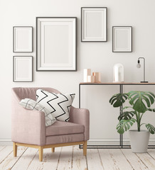 Mock up posters in the interior in the style of lagom. 3D rendering