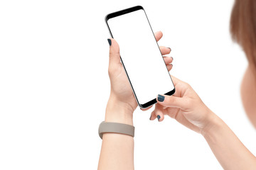 Female person holding modern phone in vertical position with isolated screen on white background. Mockup