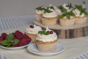 Homemade cupcakes with creamcheese, meringues and cranberries.