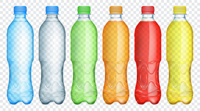 Set of multicolored translucent plastic bottles filled with light blue, gray, green, orange, red and yellow juice or water, isolated on transparent background. Transparency only in vector format