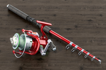 Fishing rod with spinning reel on the wooden table, 3D rendering