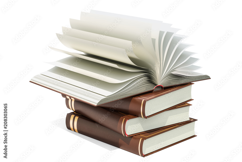 Poster opened blank book on the heap of books, 3d rendering