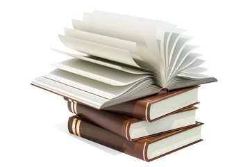 Opened blank book on the heap of books, 3D rendering