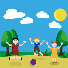  kids play/Children rejoice that summer is at sea. The boy and the girl jump, have fun. Friends on Vacation. The background of the tree, grass, sand.