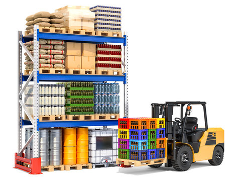 Storehouse with forklift truck and pallet racks, 3D rendering