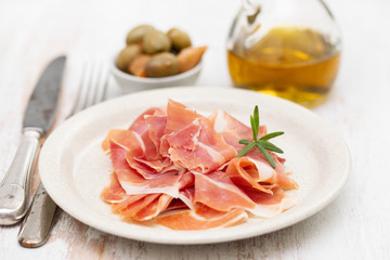 prosciutto on dish with olive oil and olives