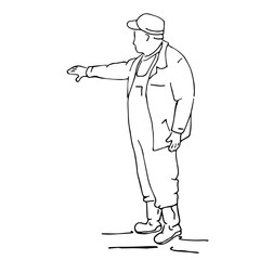 Business man master points to the background with his hand. Vector sketch illustration.