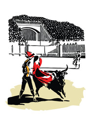 matador in the arena with a bull on a white background - obrazy, fototapety, plakaty