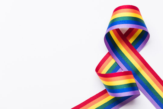 Gay Pride LGBT Rainbow Ribbon On White Background